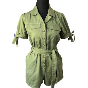 NWT Nasty Gal Army Green Utility Tie Waist Button Front Romper Size 4